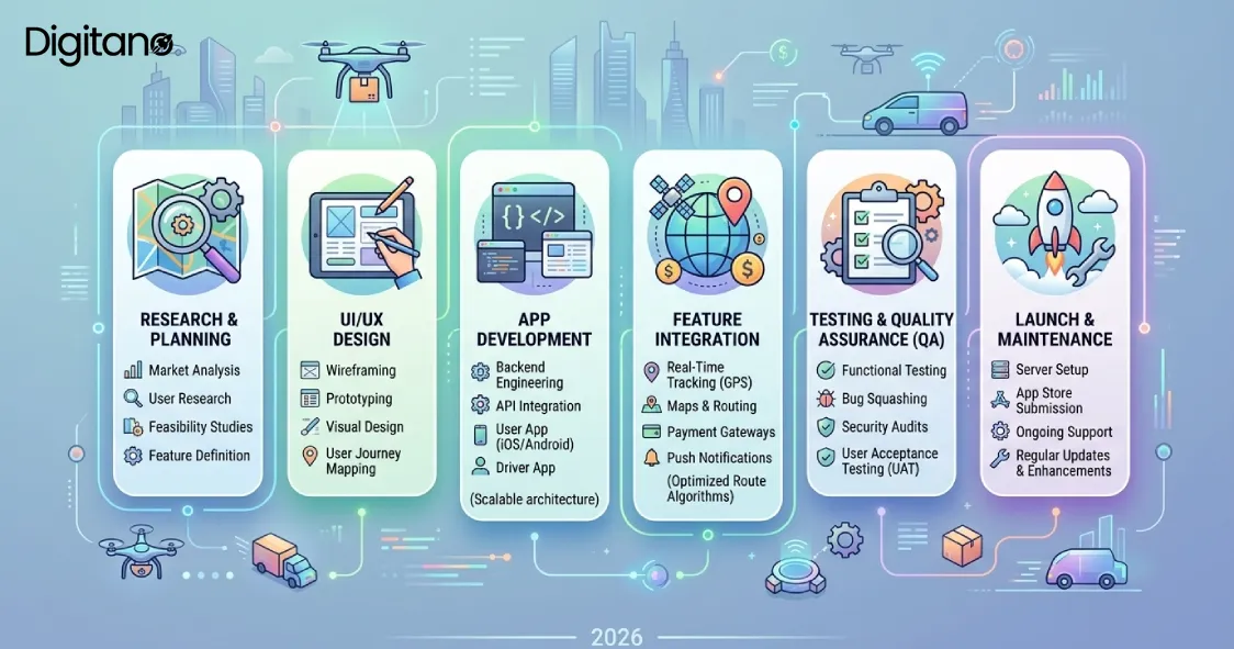 Logistics app feature cost breakdown with GPS tracking, route optimization, payment integration, testing, launch, and maintenance