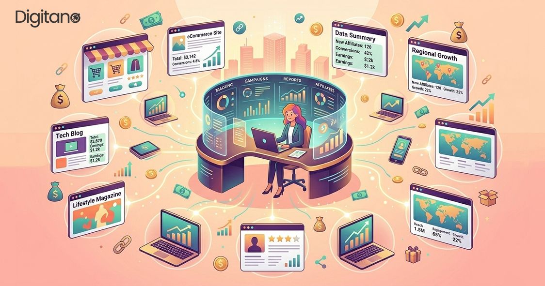 Multi site affiliate CMS dashboard managing blogs, ecommerce, reports, growth, and affiliate earnings