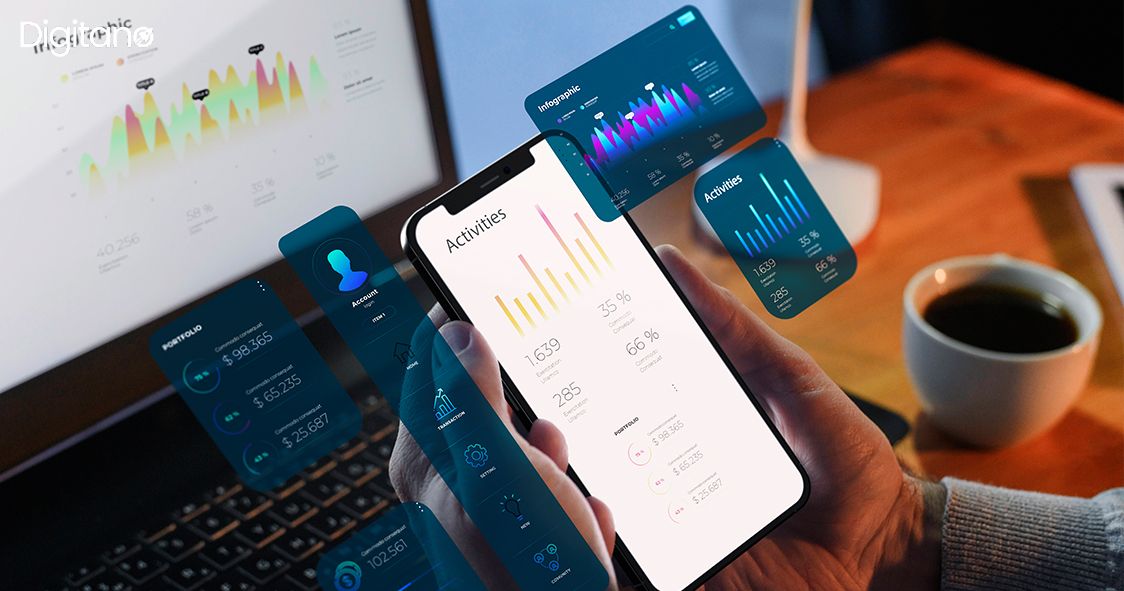 Smartphone showing app analytics dashboard and activity charts representing no code app development and mobile app management
