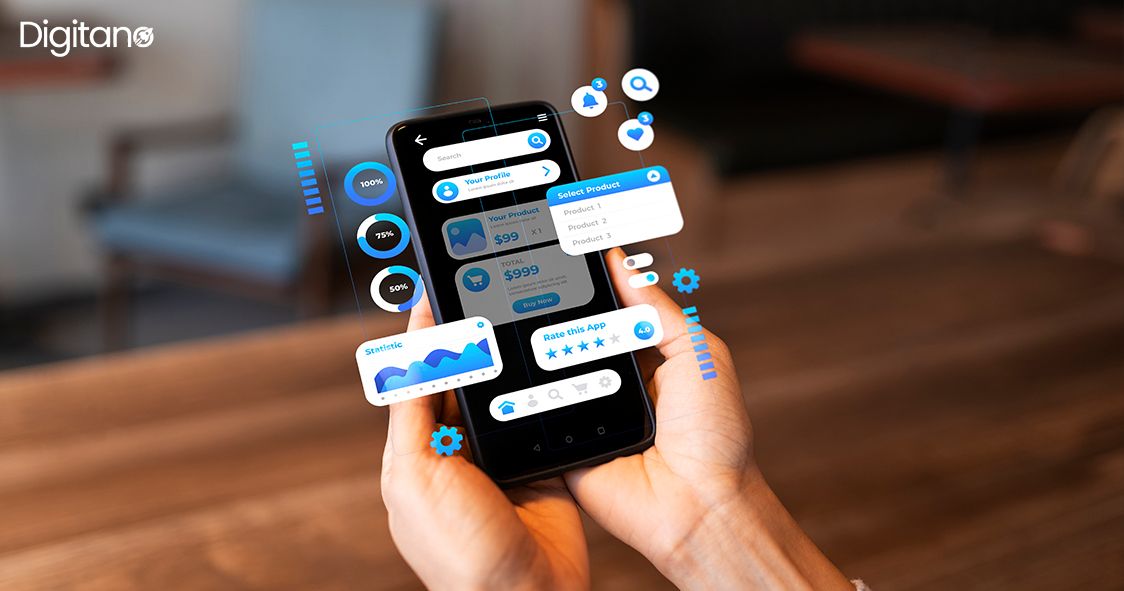Mobile app interface design concept showing no code app development tools on a smartphone screen