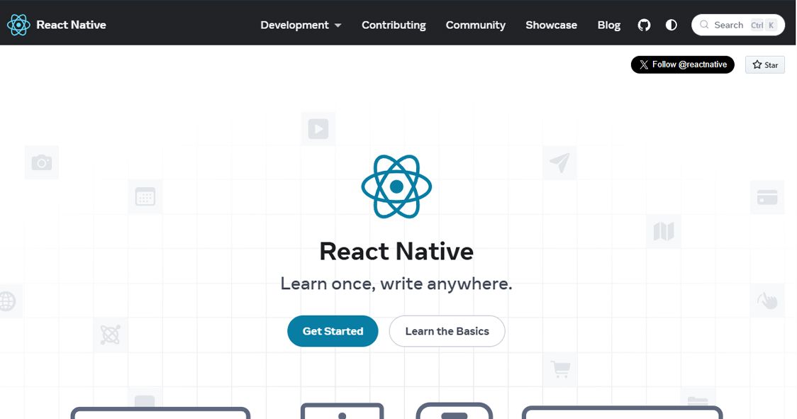 React Native homepage showcasing cross-platform mobile app development with the slogan learn once write anywhere
