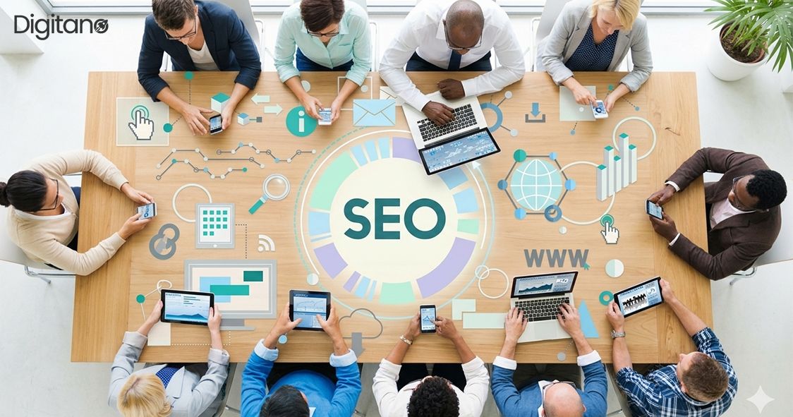 Digital marketing team discussing SEO strategy around a conference table with analytics and website icons