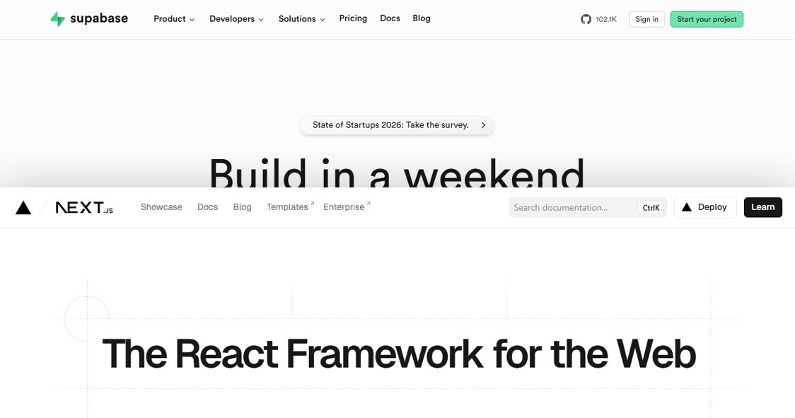 Supabase and Next.js platform interfaces for modern web application and React-based development