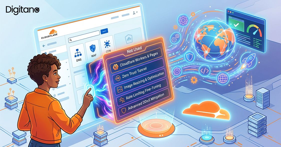 Unused Cloudflare features including Workers, Pages, Tunnel, image optimization, and DDoS protection