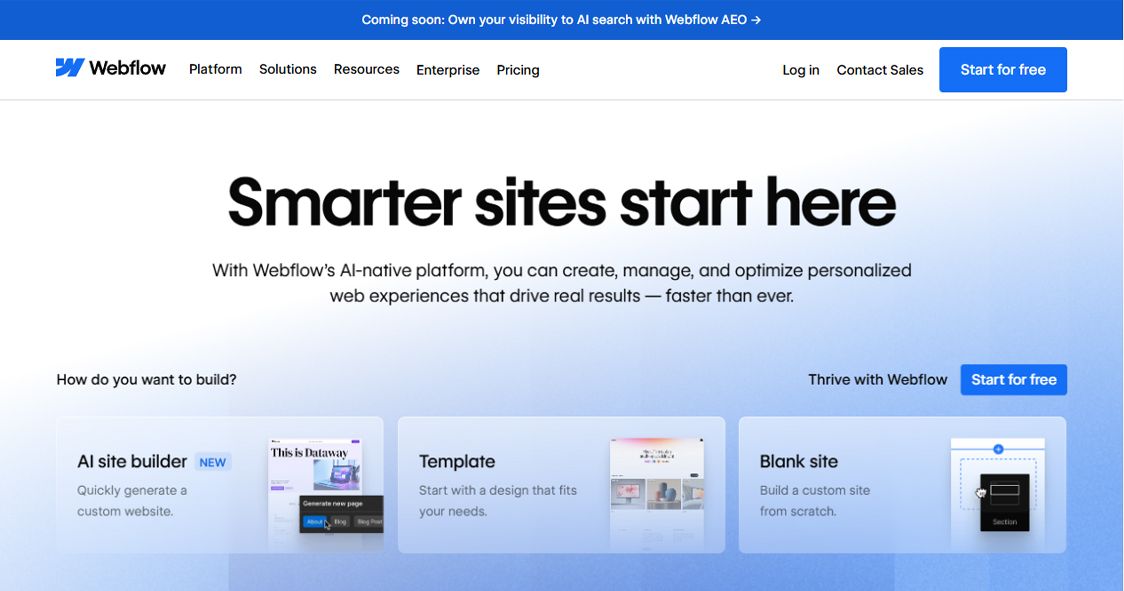 Webflow AI website builder platform for creating and optimizing personalized websites and web experiences