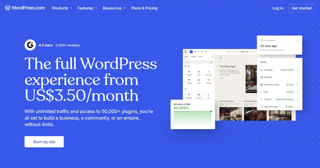 WordPress.com homepage showing "The full WordPress experience from US$3.50/month" with a dashboard preview.